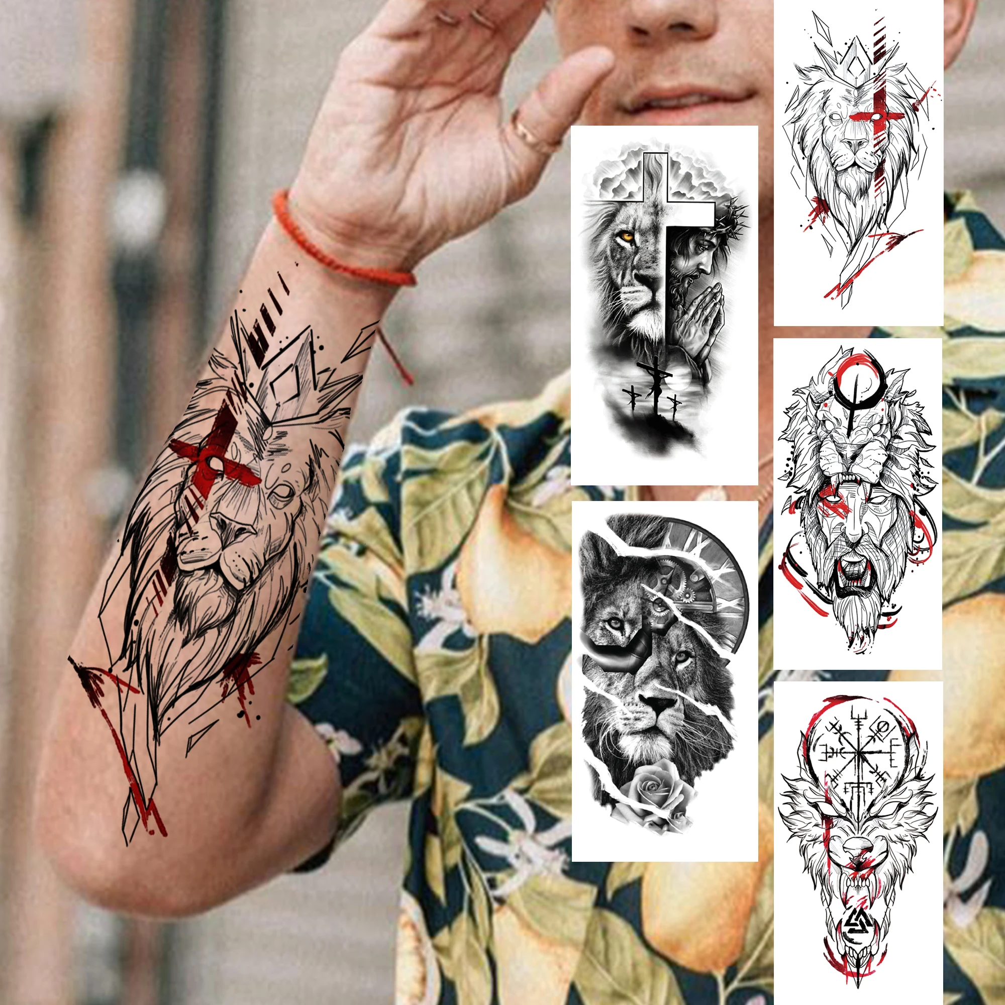 

Cross Lion King Temporary Tattoos For Men Women Adult Black Beast Wolf Tattoo Sticker Fake 3D Compass Waterproof Tatoos Arm Leg