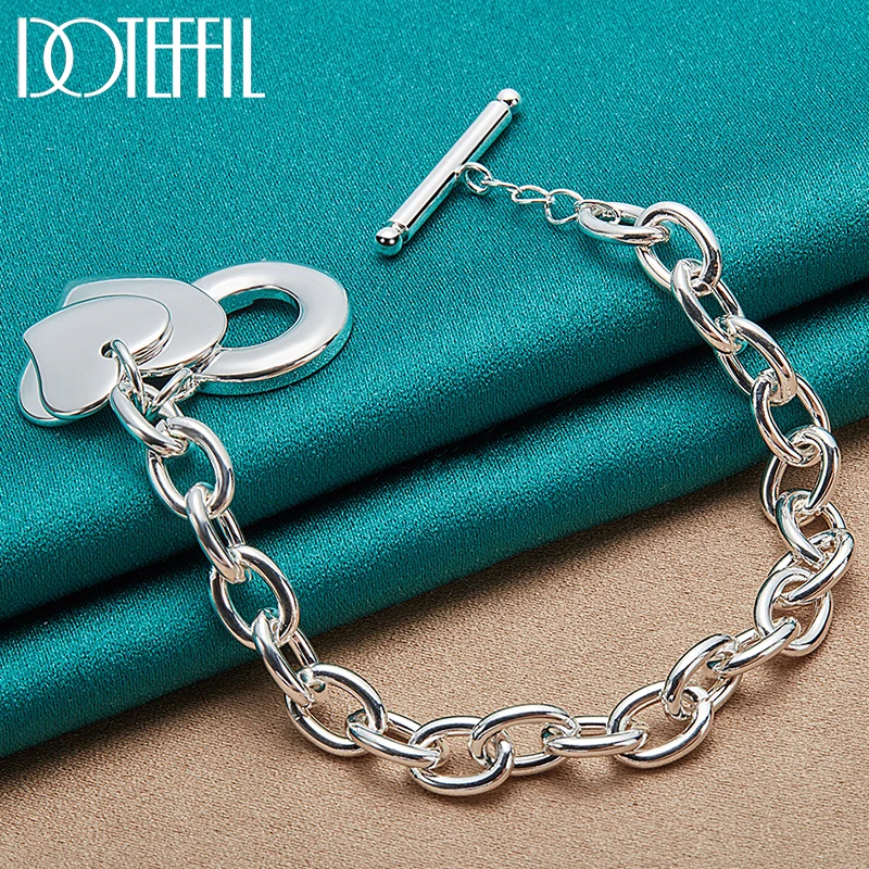 

DOTEFFIL 925 Sterling Silver Two Heart Pendant Bracelet Chain For Women Man Wedding Engagement Fashion Charm Party Jewelry