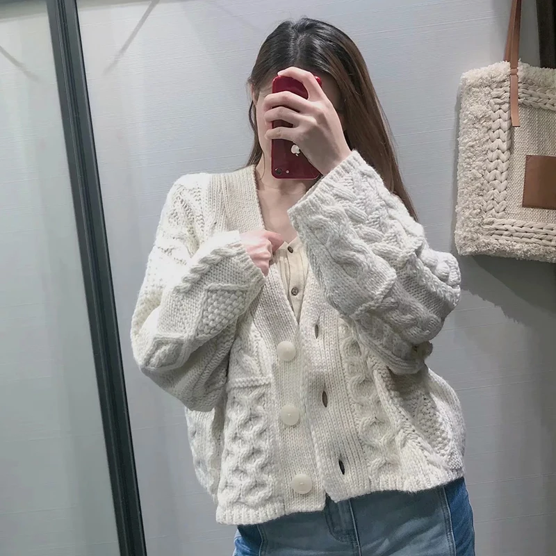 

HWLZLTZHT Vintage Patchwork Cable Knitted Sweater Women 2020 Fashion V Neck Long Sleeve Female Cardigan Chic Short Style Tops