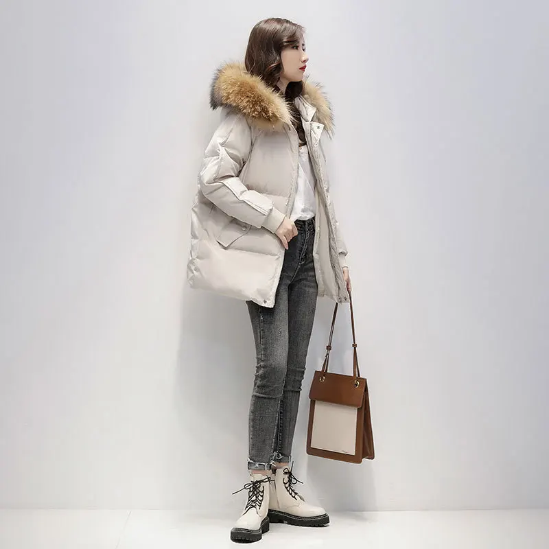 WJJDFC Women Fur Collar Parkas Jackets Down Padded Jacket Winter Coat Loose Korean Fashion Hooded Thicken Zipper Outerwear 2021