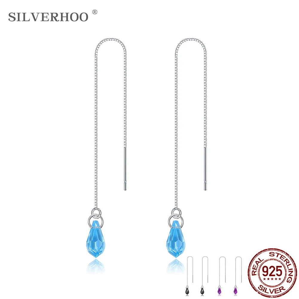 

SILVERHOO 925 Sterling Silver Tassel Water Drop Earrings Dangle For Women Colorful Austria Crystal Earring Luxury Silver Jewelry