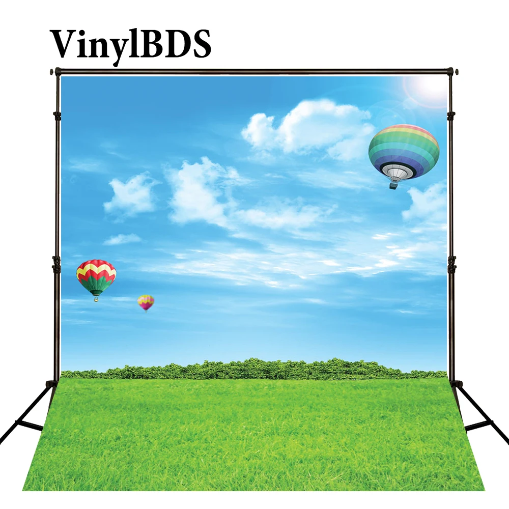 

VinylBDS 3D Sky Backdrop Photo Background Green Grass Blue Sky Hot Air Balloon Photography Background For Photo Studio
