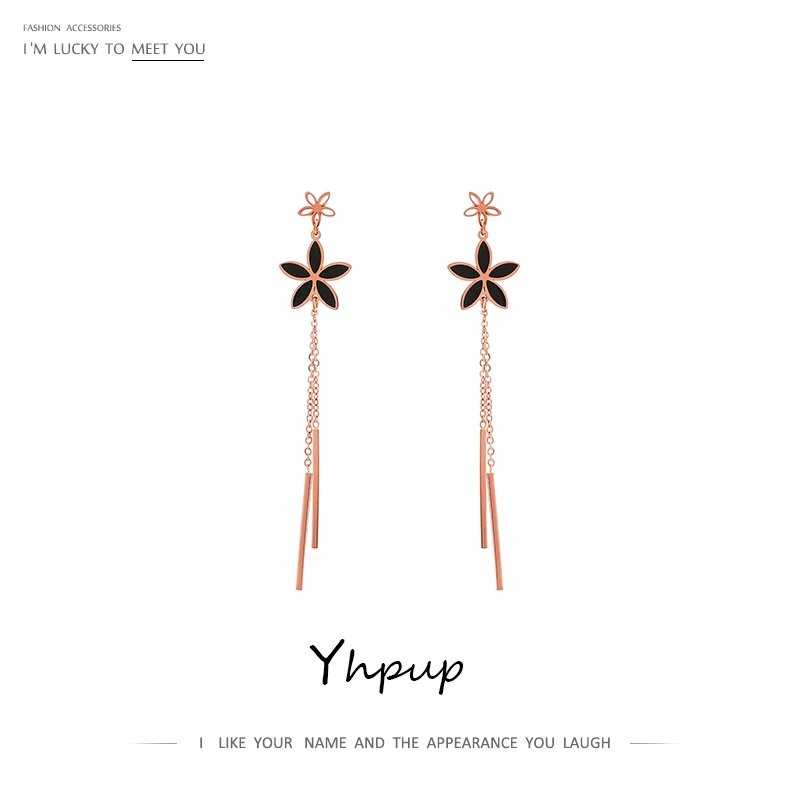 Yhpup цветок из черной эмали полые висячие серьги с длинной цепочкой нержавеющей