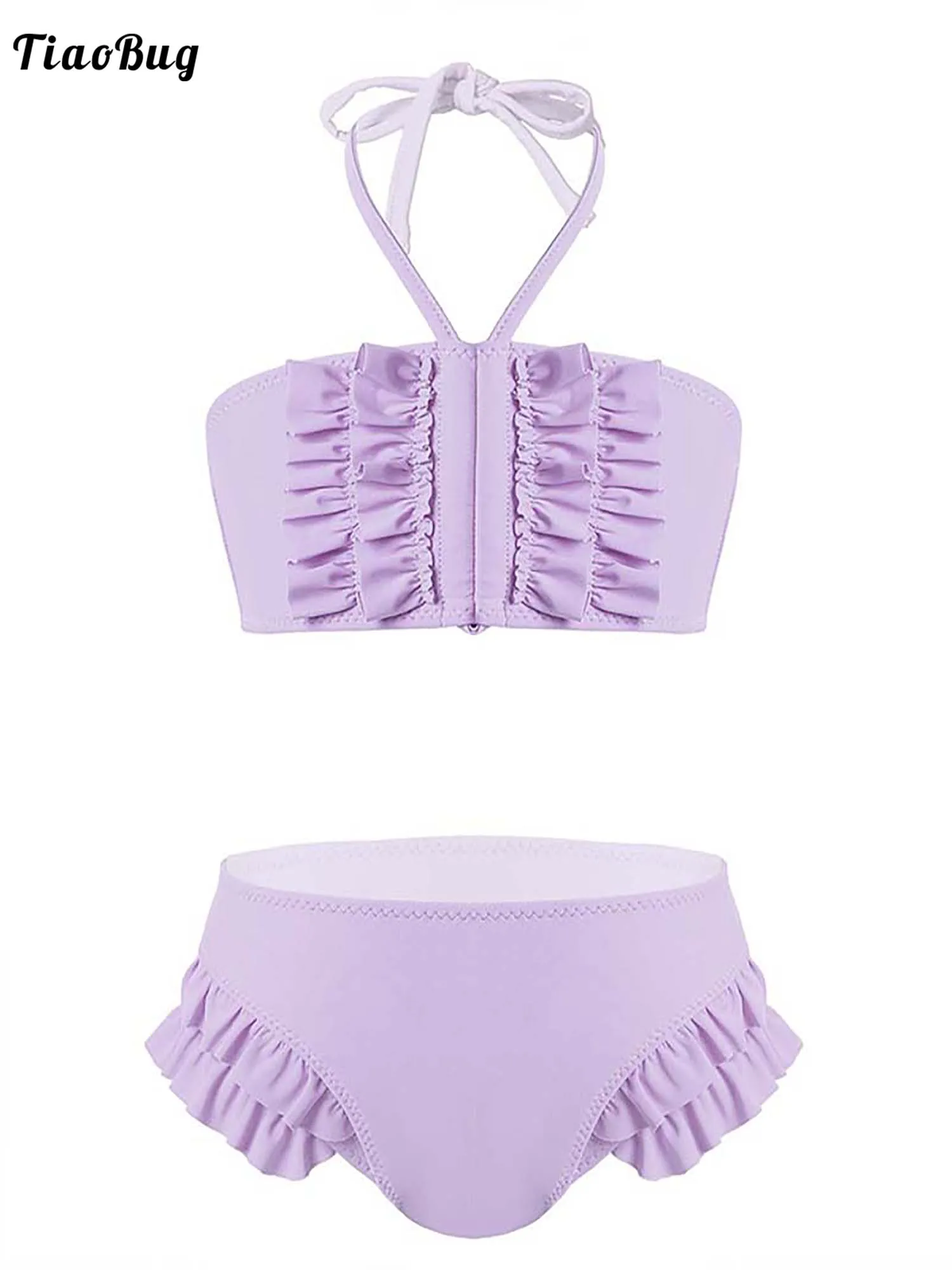 

TiaoBugSummer 2Pcs Kids Girls Swimsuit Outfit Haler Neck Drawstring Shoulder Straps Ruffle Front Bra Top With Ruffel Bottoms