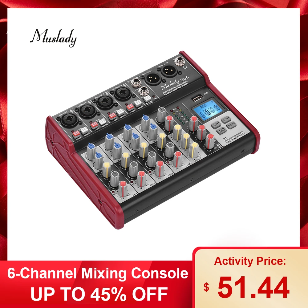 Muslady SL-6 6-канальный смешивания консольный микшер 2-полосным эквалайзером встроенный 48V Phantom Мощность поддерживает подключения BT USB MP3 плеер для ди-джей