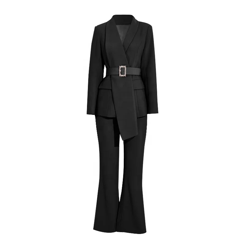

2020 Fashion V-neck Irregular Belted Office Ladies Business Work Formal Blazer Flare Pants Suit