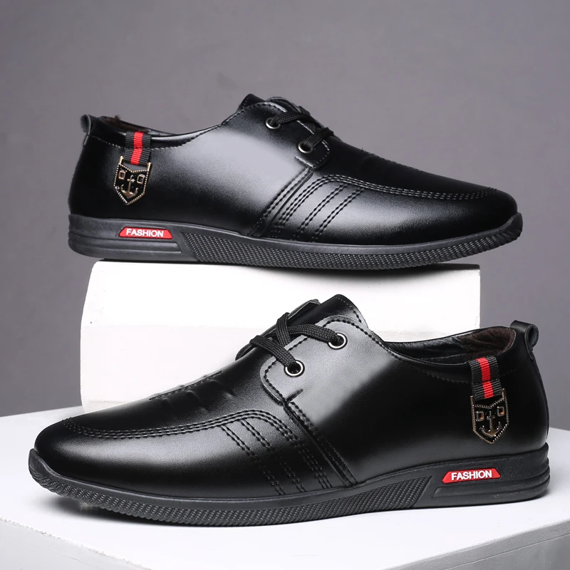 Business Casual Leather Shoes Men Black Lace-Up Wedding Dress For Male Soft Breathable Loafers Flat Outdoor Sneakers | Обувь