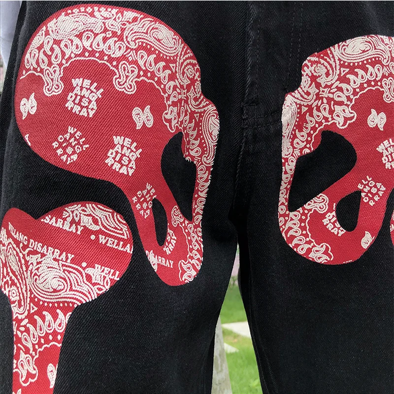 Fashion Skull Paisley Printed Denim Jeans Pants Mens Straight Zipper Trousers Hip Hop Streetwear Long Jean Pant Casual Joggers