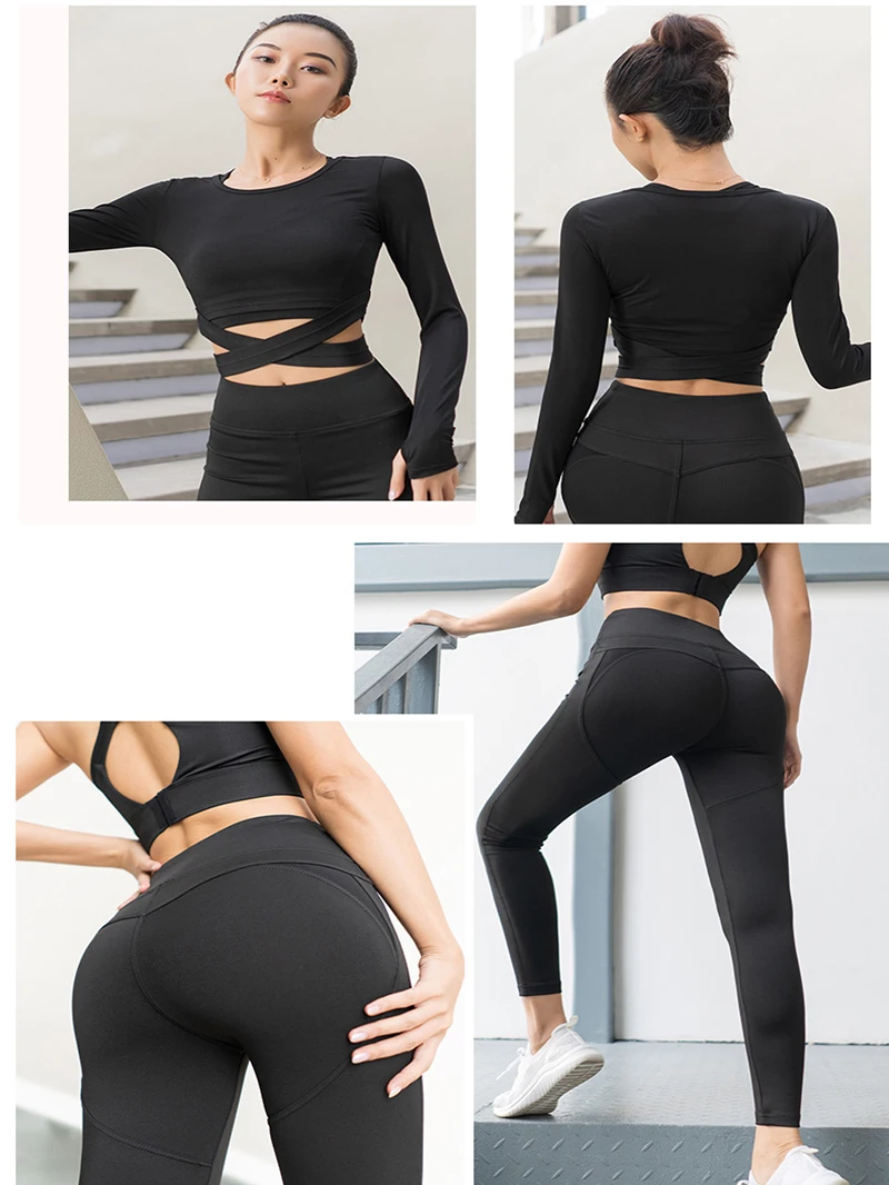 Женский спортивный комплект из 3 предметов бесшовный для йоги полиэстера розовая