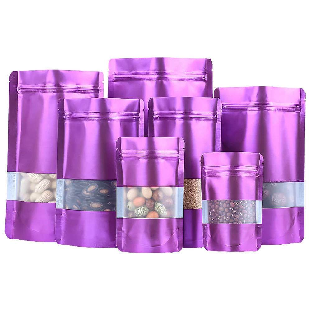 

1000Pcs Zip Lock Stand Up Packaging Pouches Purple Aluminum Foil Tear Notch Bag with Frosted Window for Candy Cookies Coffee Nut