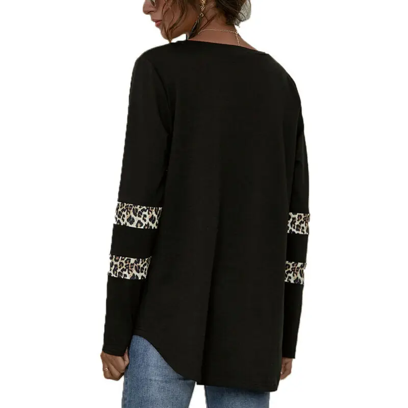 

Women Leopard Printed Colorblock Long Sleeve Crew Neck T-shirt Casual Loose Tops