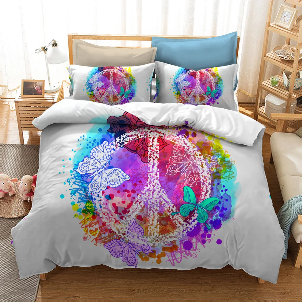 Elegant Butterfly Duvet Cover Sets Peace and Love Sign Bedding Set Exotic Watercolor Painting Bedlinens Adult Double Bed 1 order