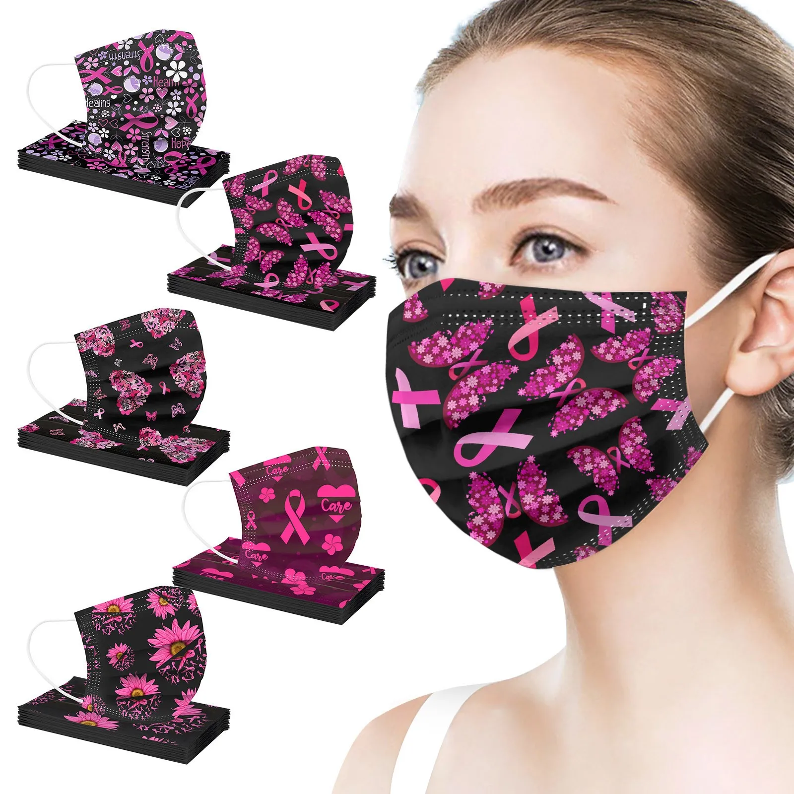 

50pc Adult Breast Cancer Day Disposable Face Mask Industrial 3ply Ear Loop Mask Printing Pm2.5 Masks Earloop Bandage Masks