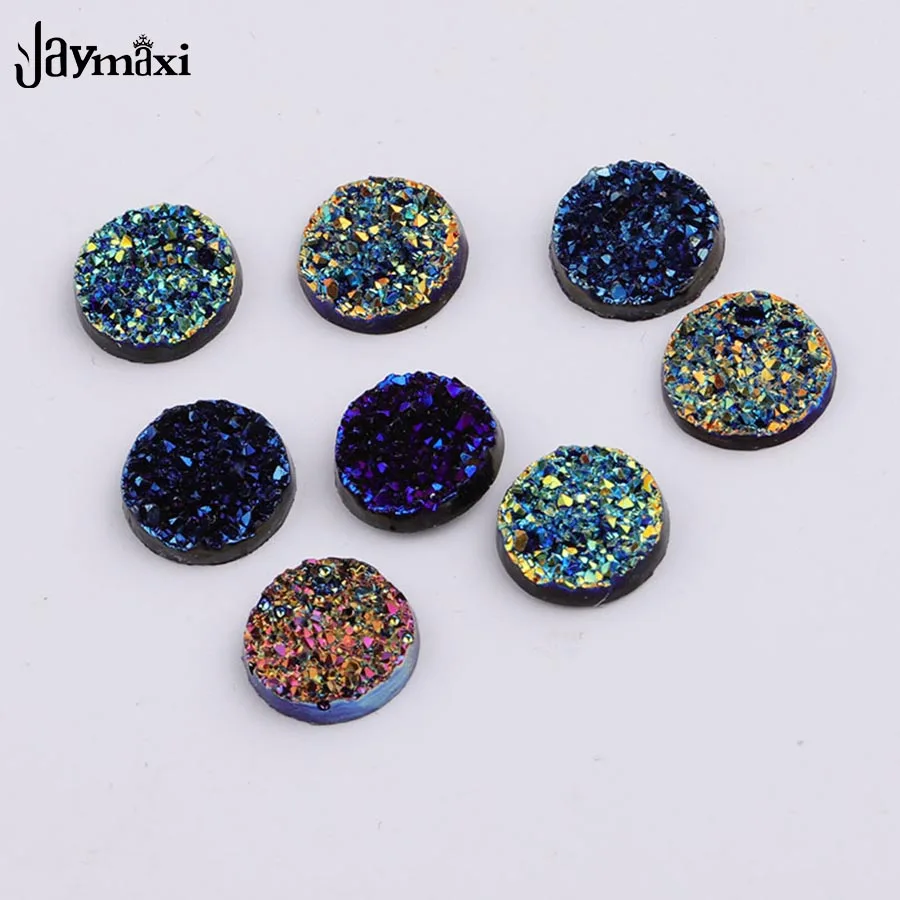 

Jaymaxi 11,5 мм полимерные Кабошоны с круглым плоским дном DIY ювелирные аксессуары AB цвет искусственного Druzy смолы индивидуального исполнения 100 ...