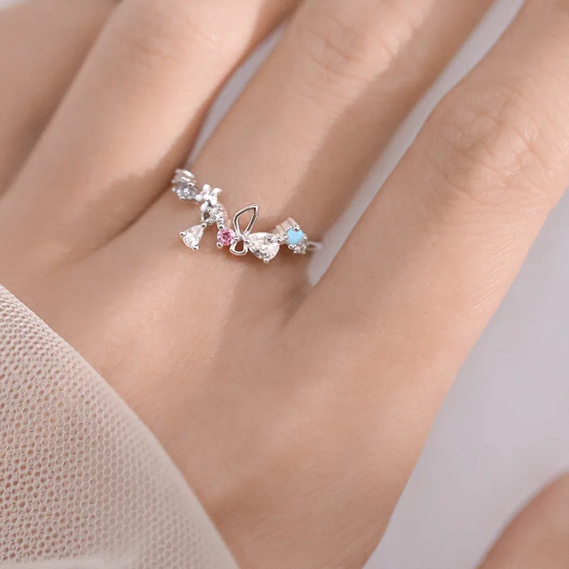 

Exquisite Women Silver Plated Water Drop Shap Crystal Ring Korean Fashion Beautiful Women Flowers Opening Ring Wedding Jewelry