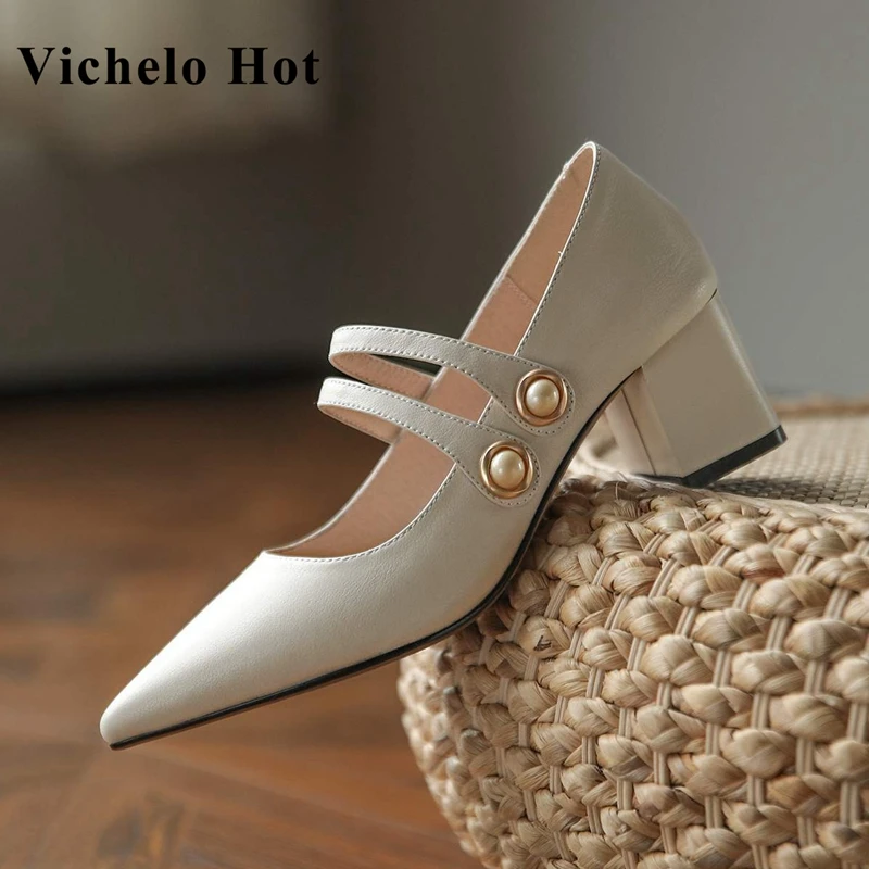 

Vichelo Hot genuine leather pointed toe shallow med heel preppy style simple style pearl metal fasteners slip on women pumps L35