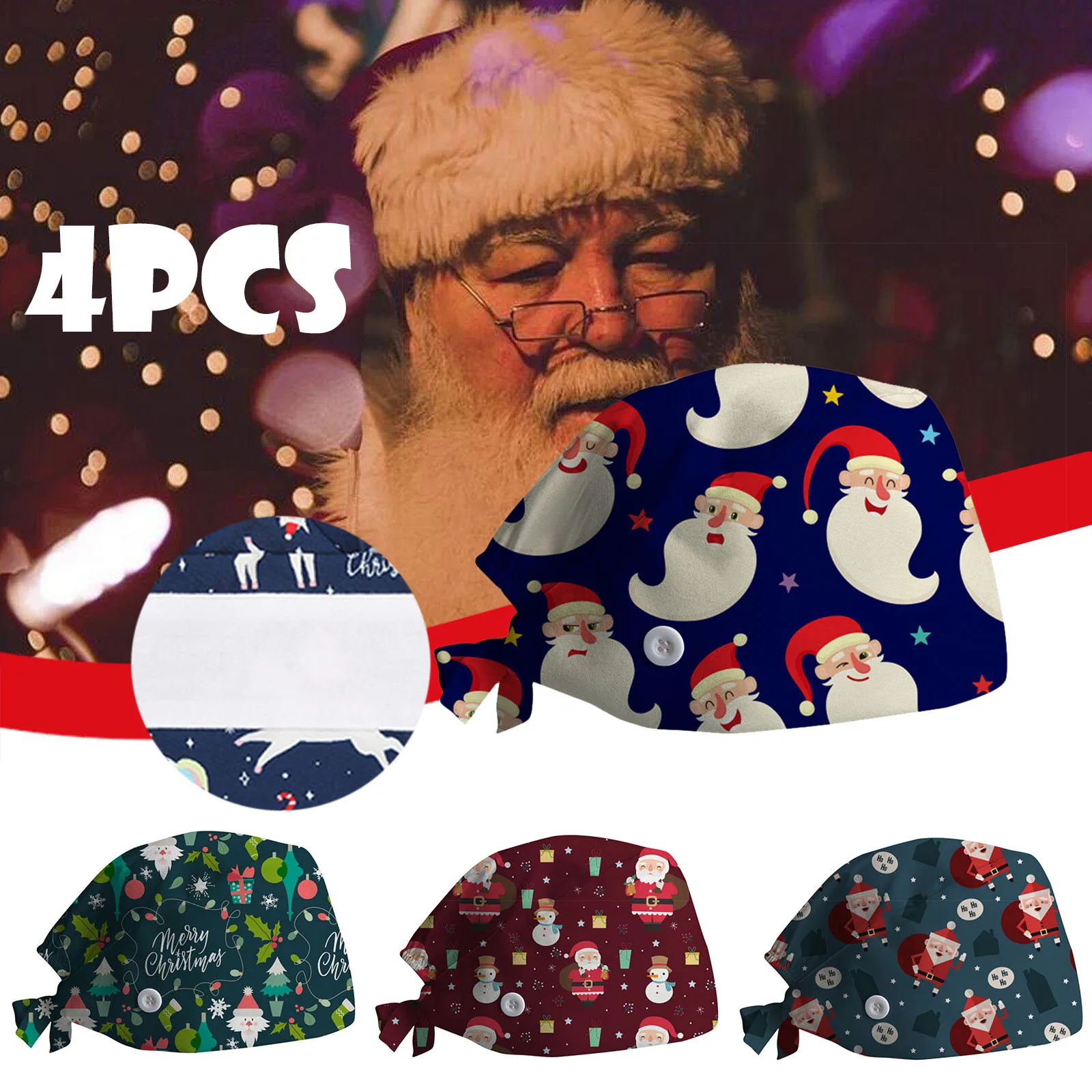 

4pcs Christmas Theme Scrub Caps Xmas Print Unisex Nurse Hat Adjustable Stand-Ear Protection Hats Dust Proof Tie Back Working Cap