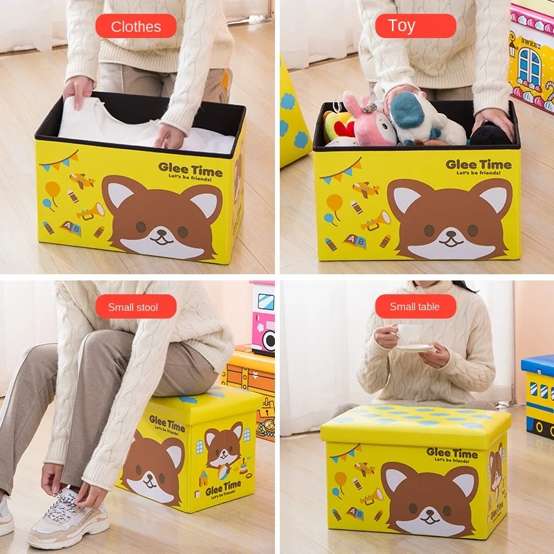 Taburete de almacenamiento de dibujos animados, silla de almacenamiento multifuncional plegable de cuero, banco para ni&ntilde;os, necesidades diarias, cajas creativas de juguetes para coche, b663-1