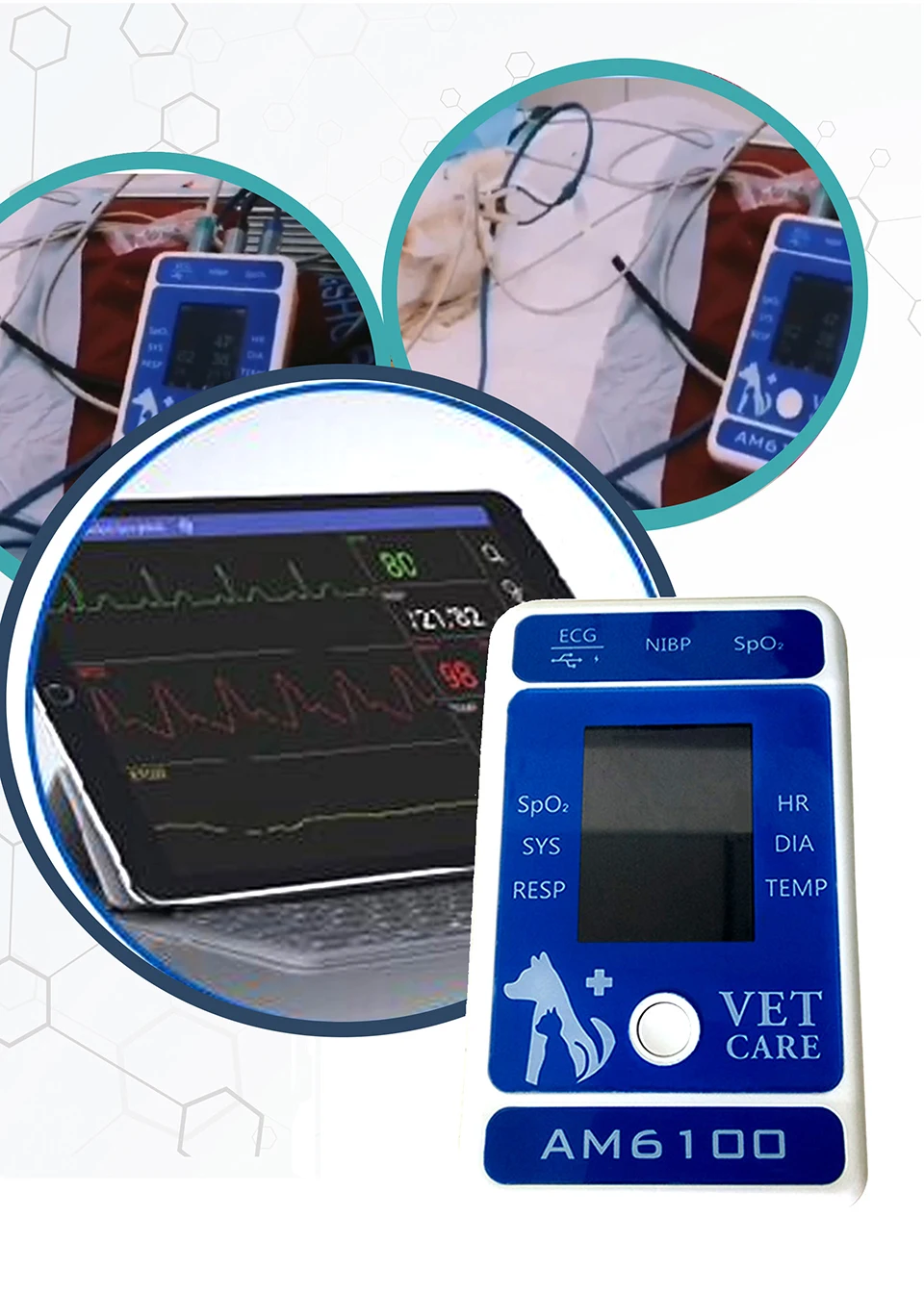 Uvet больница животных медицинская ЭКГ температура SPO2 Bluetooth ветеринарное оборудование животных портативный монитор пациента Пульсоксиметр