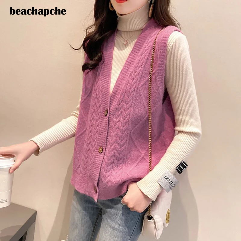 

Beachapche Woolen Vest Autumn Outer V-Neck Sleeveless Knitted For Women