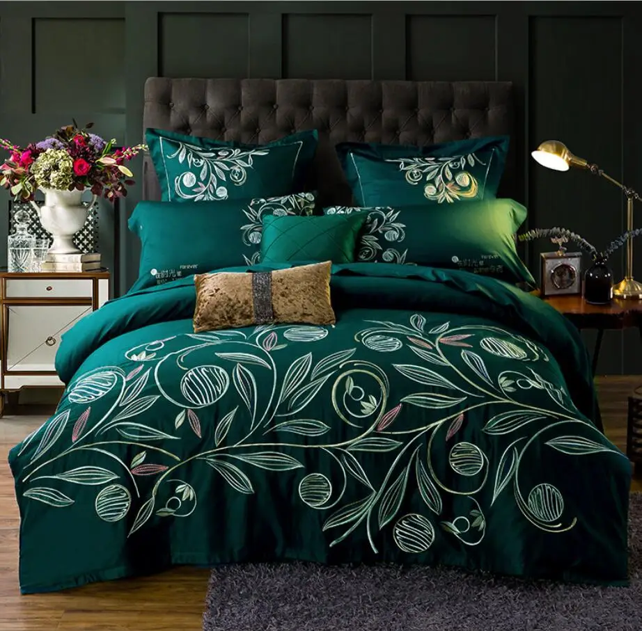 

Egyptian Cotton Bedding Set King Queen Size 4pcs Oriental Embroidery Duvet Cover Sets Solid Color Bed Sheet Boho Bedclothes