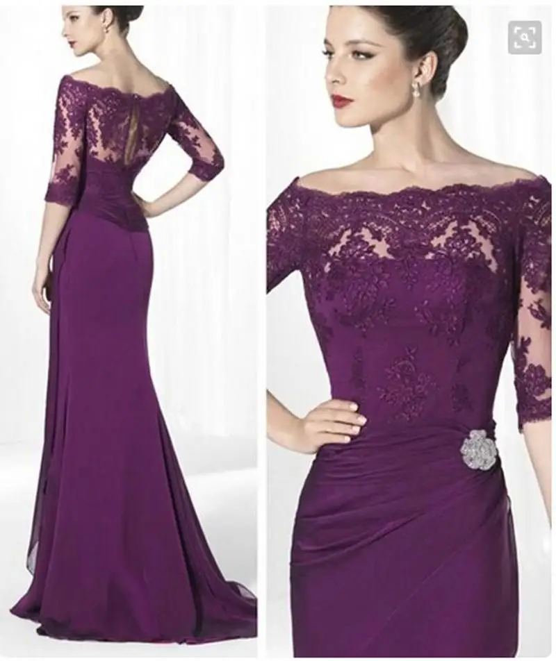 

Formal Purple Lace Mother Of Bride Dresses With Sleeves Off The SHoulder Elegant Lady Sheath Long Chiffon Prom Party Dress