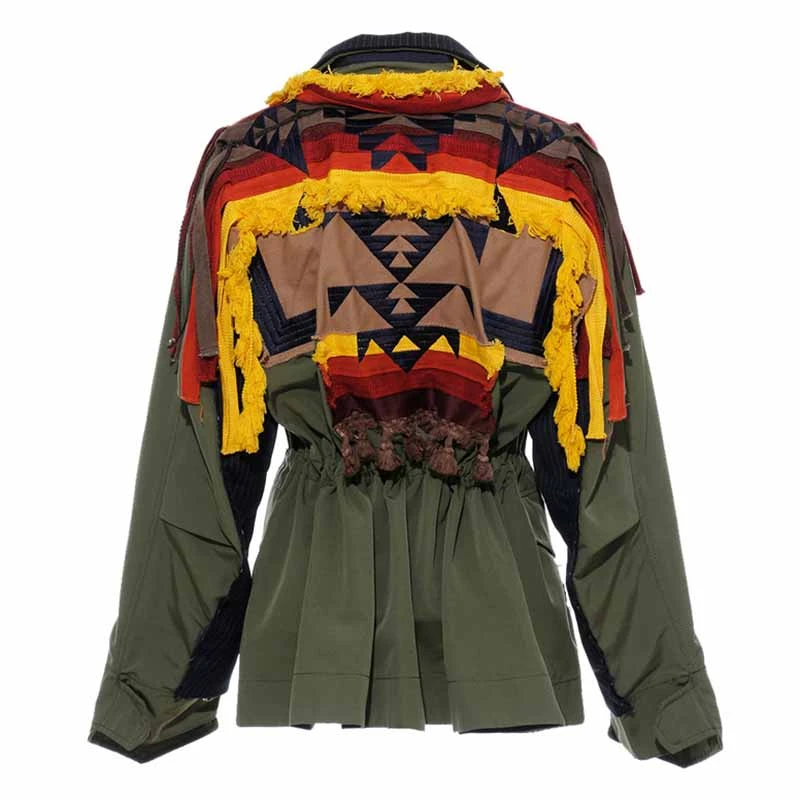 

SeeBeautiful New Fashion 2020 Autumn Tassels Long Sleeve Button Striped Geometric Embroidery Loose Coat Jacket Women A968