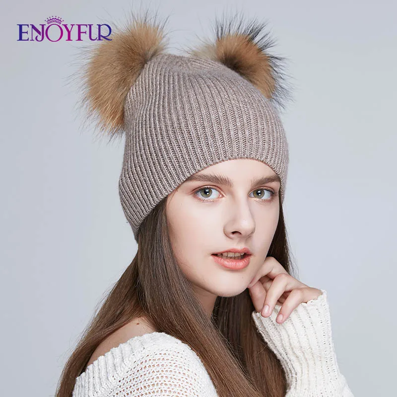Женские шапки с двумя помпонами ENJOYFUR, мягкие теплые шапки с помпонами из натурального меха, для зимы