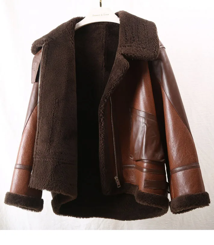 Winter Lamb Fur Bomber Real leather Jacket Women New Sheepskin Double Face Shearling Coat Oversized Genuine Leather Jackets