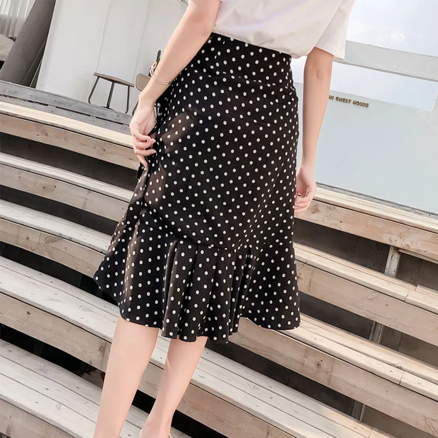 

Faldas High Waist Skirt Largas Women's Jupe Longue Femme Long Pleated Midi Summer One Piece Lace Fish Tail Dots Ruffle Elegant