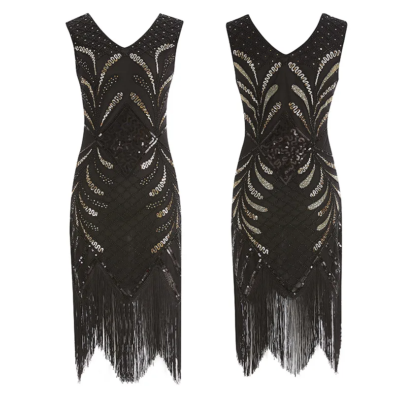 2022 Women Party Dress Robe Femme 1920s Great Gatsby Flapper Sequin Fringe Midi Dress Vestido Summer Art Deco Retro Lady Dress