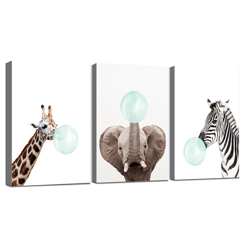 

Скандинавские пузырьки с животными, искусственное дерево, Зебра, слон, принты и постеры, картина в рамке для детской комнаты, декор на холсте