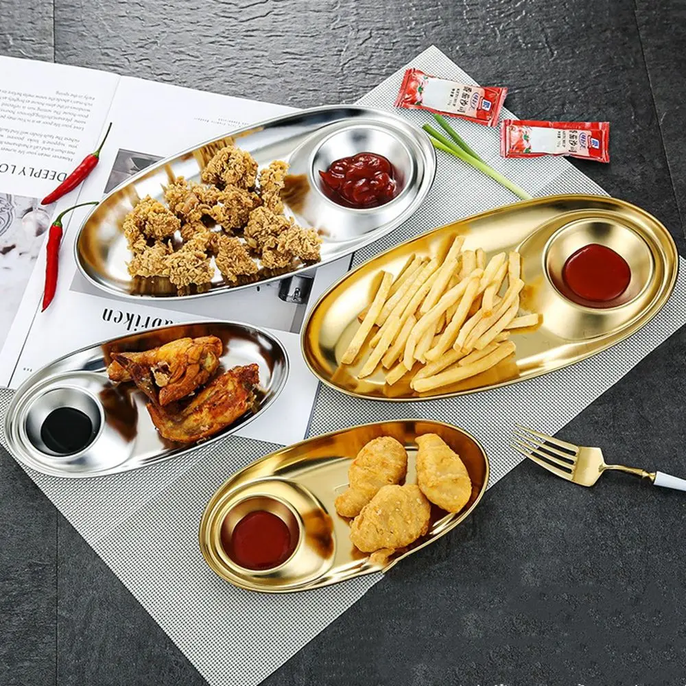 

304 Stainless Steel Oval Tableware Snack Dumplings Sushi Western Fries Tray With Separate Dipping Saucers Dish Kitchen Supplies
