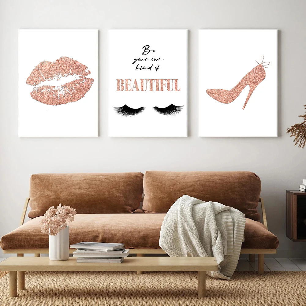 

Fashion Lashes Canvas Painting Makeup Poster High Heels Lips Wall Art Print Salon Wall Pictures Bedroom Decor Poster Modern
