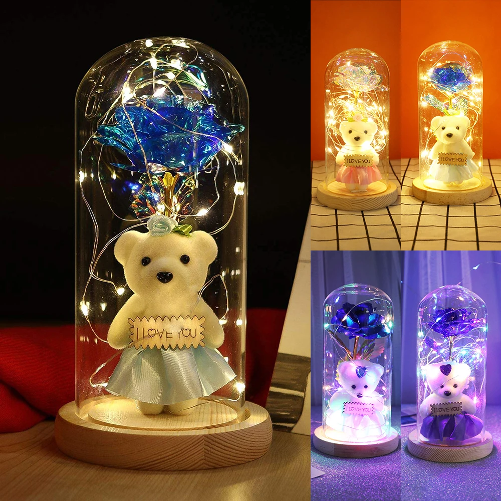 

Valentine'S Day Gift Enchanted Beauty Rose and Bear with LED Light in Glass Dome on Wood Base Night Light Party Mother's Day D30