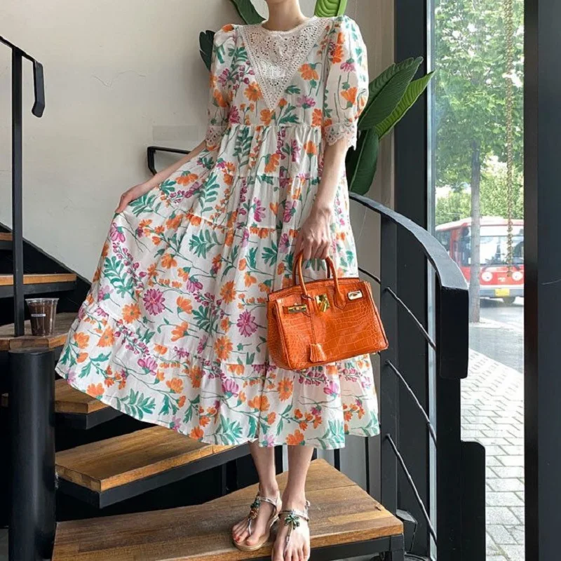 

Women Dress Round Neck Lace Hollow Puff Sleeve Floral Loose Dress Beach Long Skirt Mujer Vestido Vacation Party