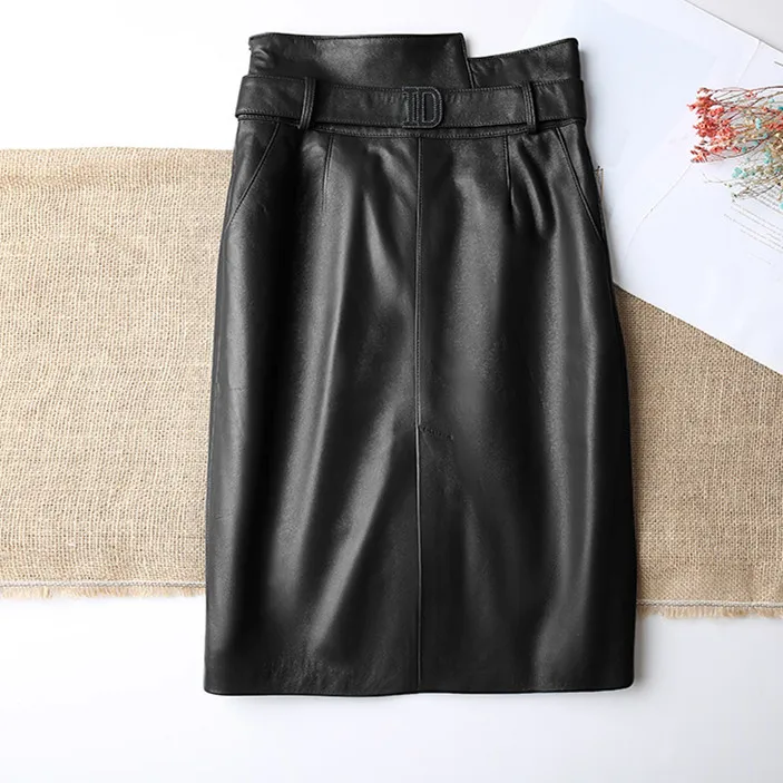 Real Genuine Leather Skirt Women 2020 New Midi High Waist Bodycon Skirt Office Ladies Pencil Skirt Belted Knee Length Plus Size
