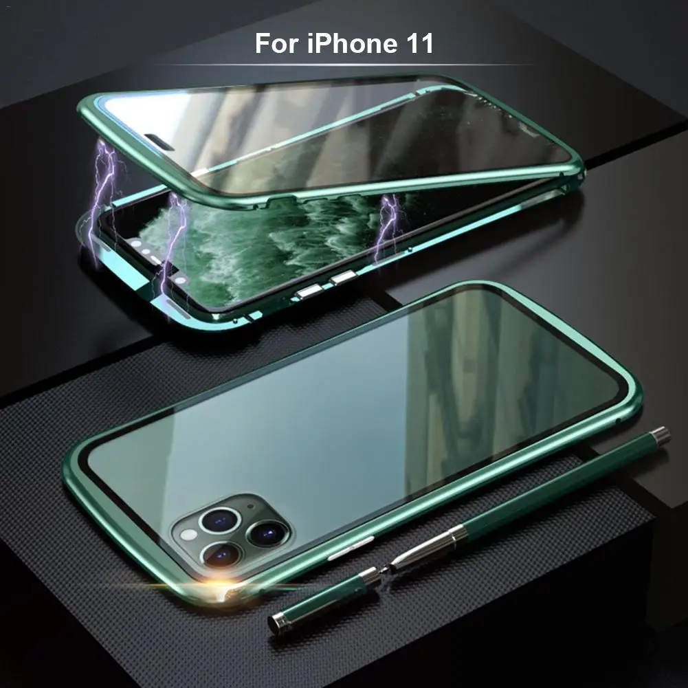For iPhone 11 Магнитный чехол Адсорбция мобильного телефона металлический каркас двойное закаленное стекло чехол для IPhone 11 Pro Max - Цвет: For iPhone 11