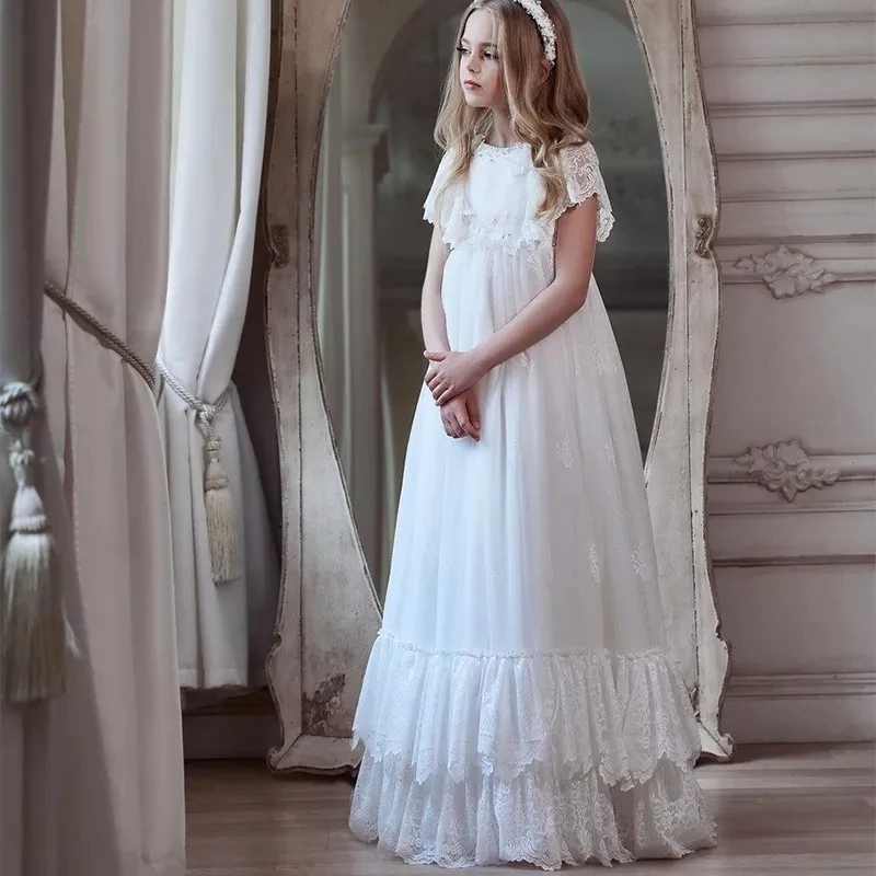 

2021 New White Lace Flower Girl Dresses For Wedding One Sleeve Kids Pageant First Communion Gown