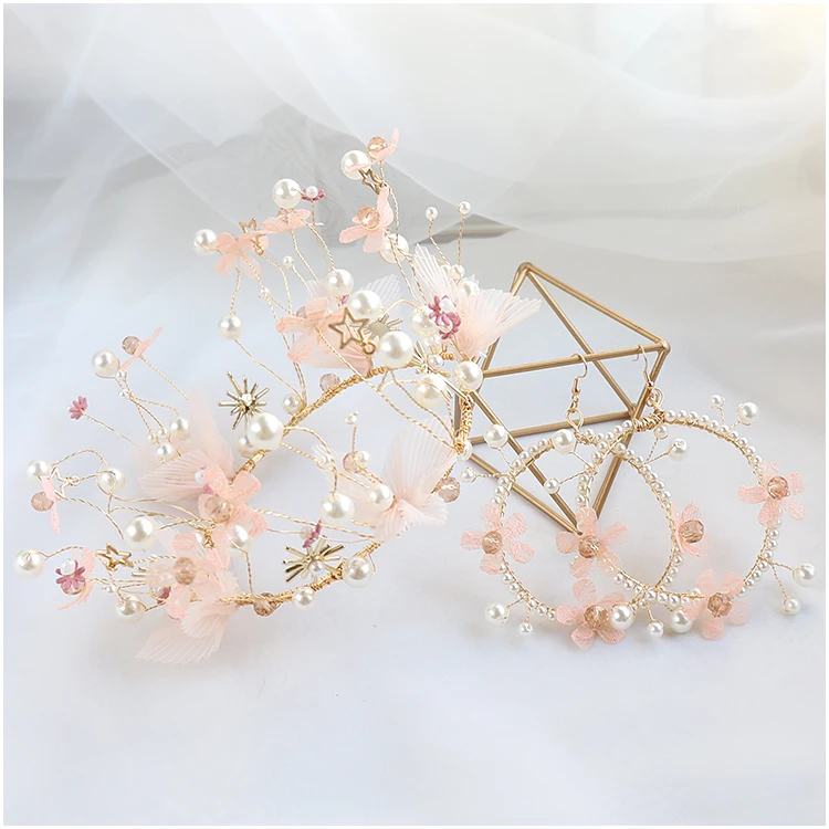 NiuShuya Bridal Headdress Korean Handmade Pink LaceFlower Round Crown Wedding Dress Hair Accessories Princess Tiaras | Украшения и
