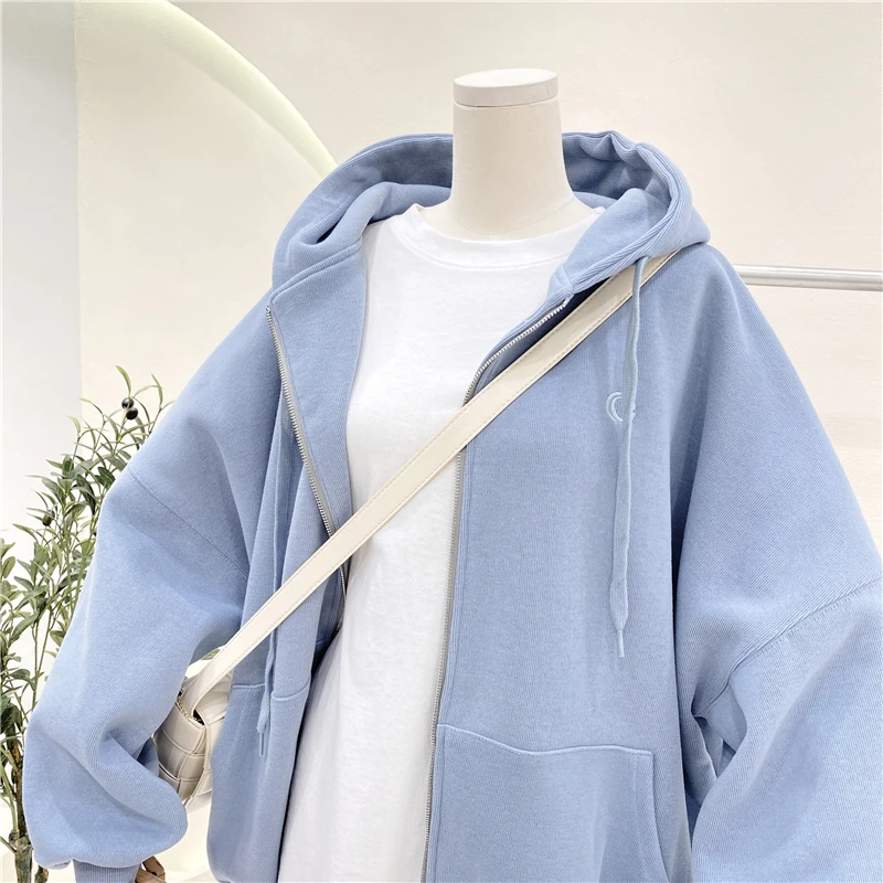 

Spring 2021 New Korean Style Hooded Loose Plus Size Hoodie Solid Color Embroidered Pocket Zipper Cardigan Coat Women Jackets