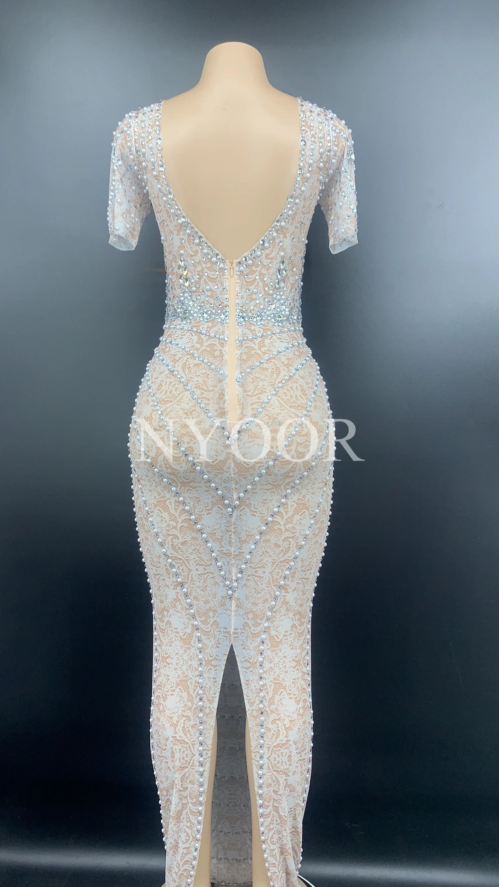 New Short Sleeve Pearls Rhinestones Long Dress Women Prom Party Celebrate Dresses Sexy Transparent Evening Bodycon | Тематическая