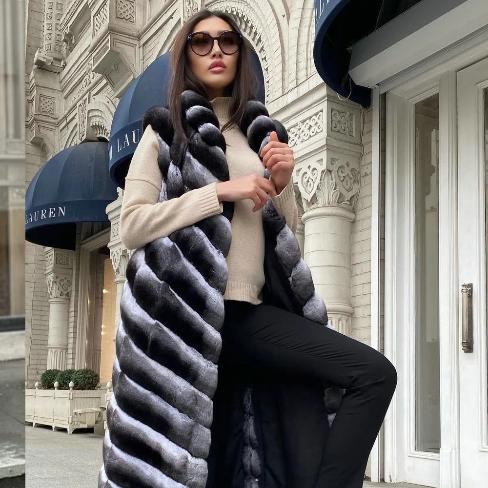 Enlarge 2021 Winter Long Rex Rabbit Fur Vest Natural Women Thick Warm Fur Overcoat Luxury Genuine Rex Rabbit Fur Gilets Turn-down Collar