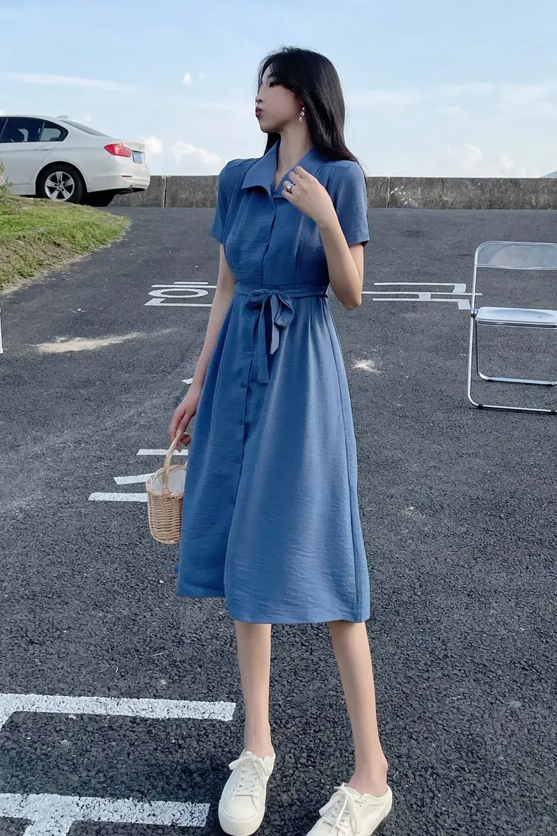 

COIGARSAM French Style Loose Women dress High Waist Dresses Blue 37017