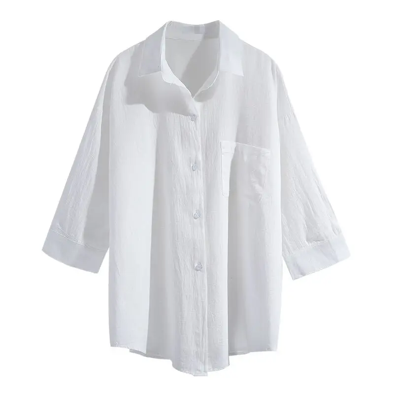 

cotton linen solid white women shirts 2020 summer new v-neck flare sleeved loose office lady elegant shirts outwear coat tops