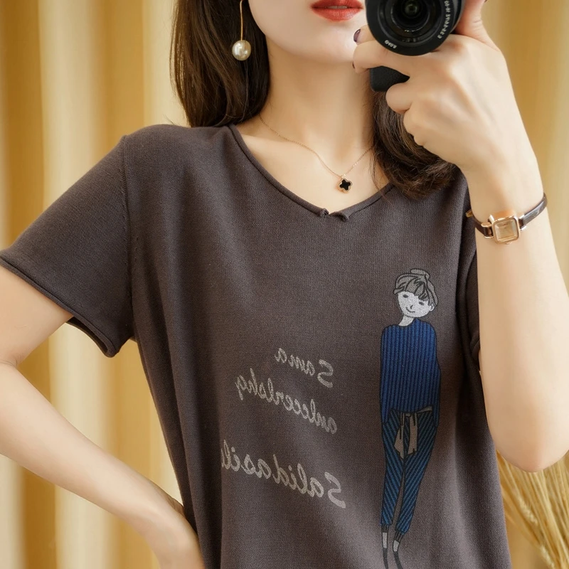 

YuHanRong,100% Cotton Short Sleeve T-Shirt summer new female V-neck Pullover print base Shirt Short T-shirt short top
