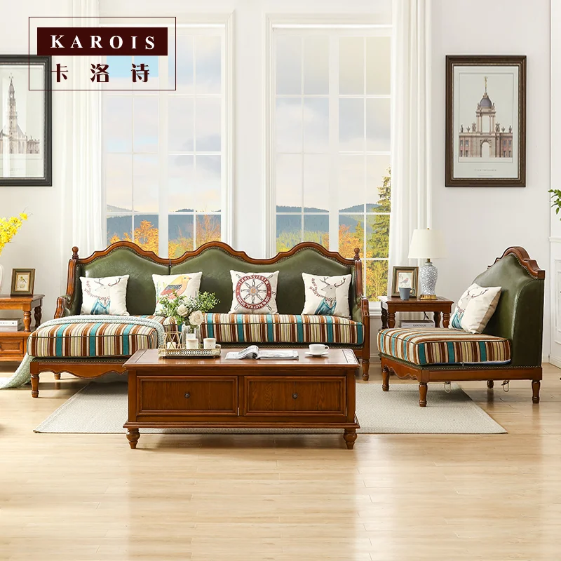 

Karois20 Country American Solid Wood Leather Sofa L-shaped Corner Chaise Combination Complete Living Room Furniture