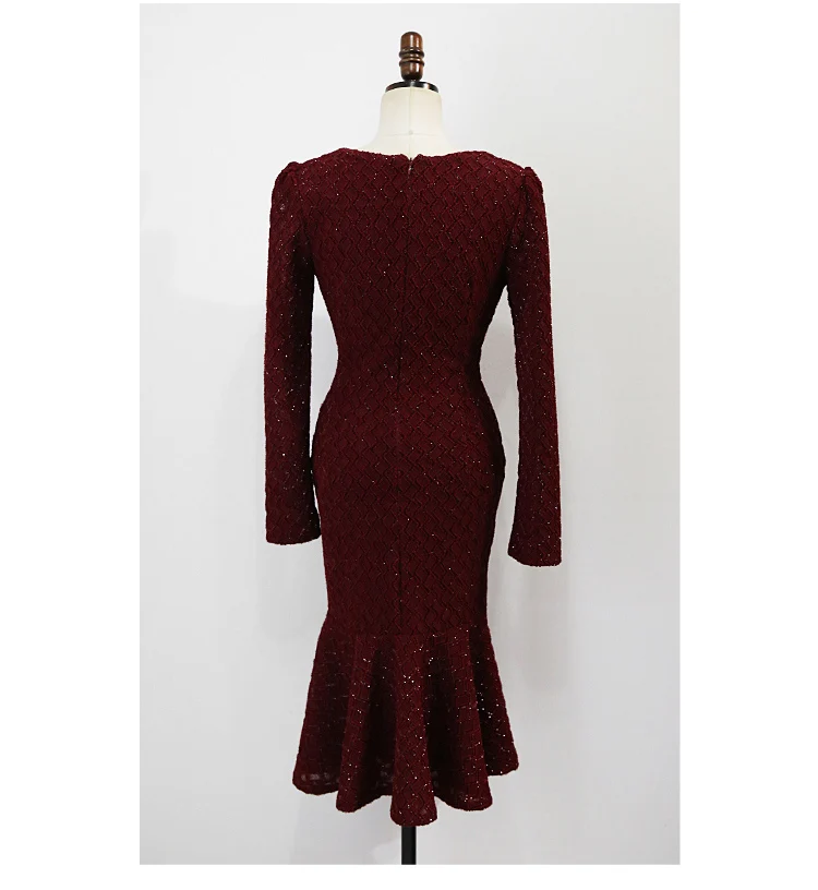 

2020 Autumn Winter V-Neck High Waisted Long Sleeved Burgundy Vestidos Bodycon Sheath Sexy Fishtail Midi Party Dresses