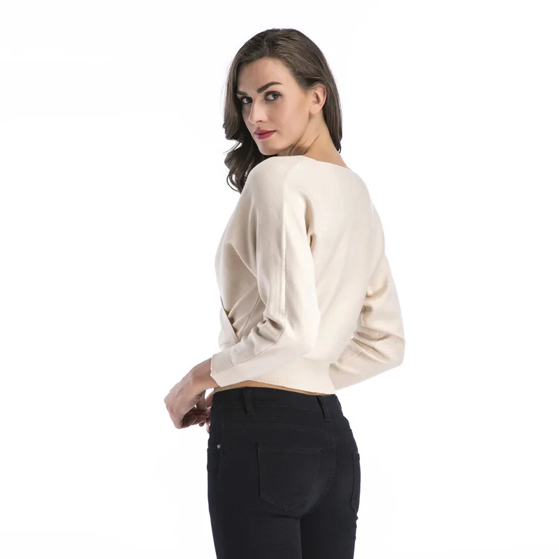 Женский трикотажный свитер с длинным рукавом летучая мышь и глубоким V-образным