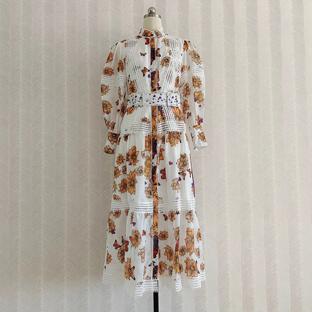 

Autumn Spring Women's Designer Stanad Collar High-rise Belt floral print Dress C491